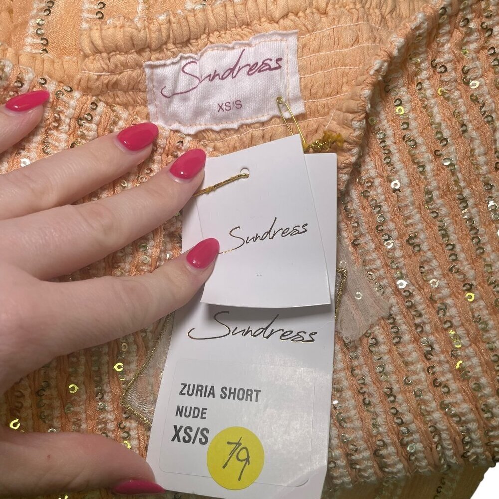 Sundress Peach Gold Sequin Strapless Smocked Mini Dress XS/S NWT - Picture 4 of 6